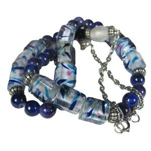 Necklace Blue Glass Beaded  22 In Strand Silvertone Chain Jewelry Purple Floral